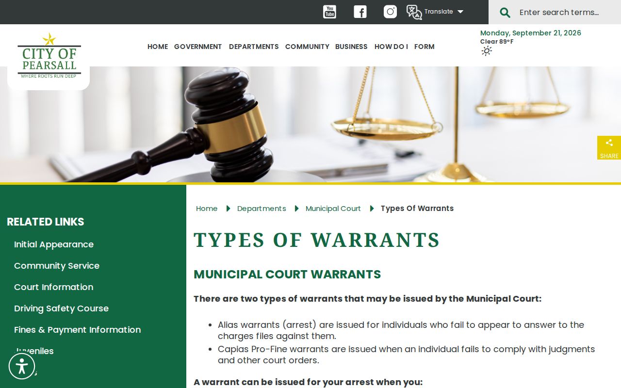 Pearsall warrant records research showing the city's warrant type and fee information