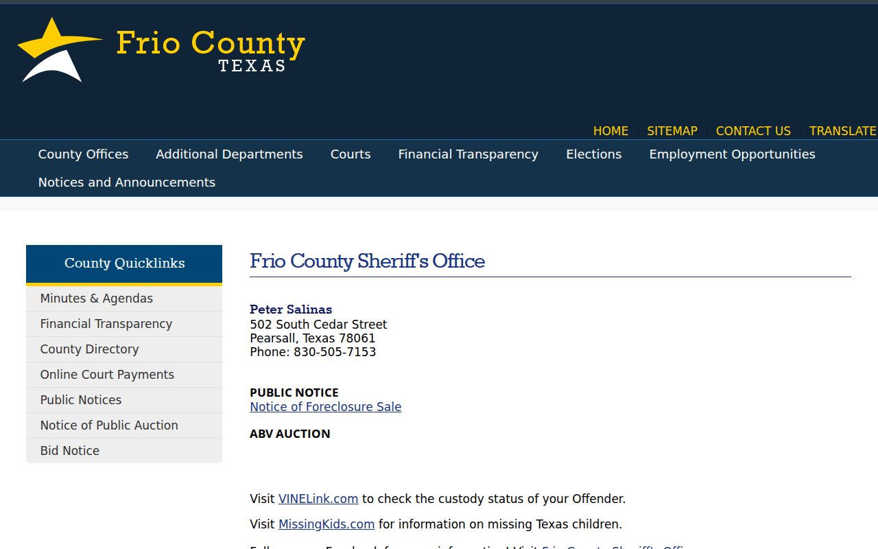 Frio County active warrant research at the official Sheriff's Office contact page